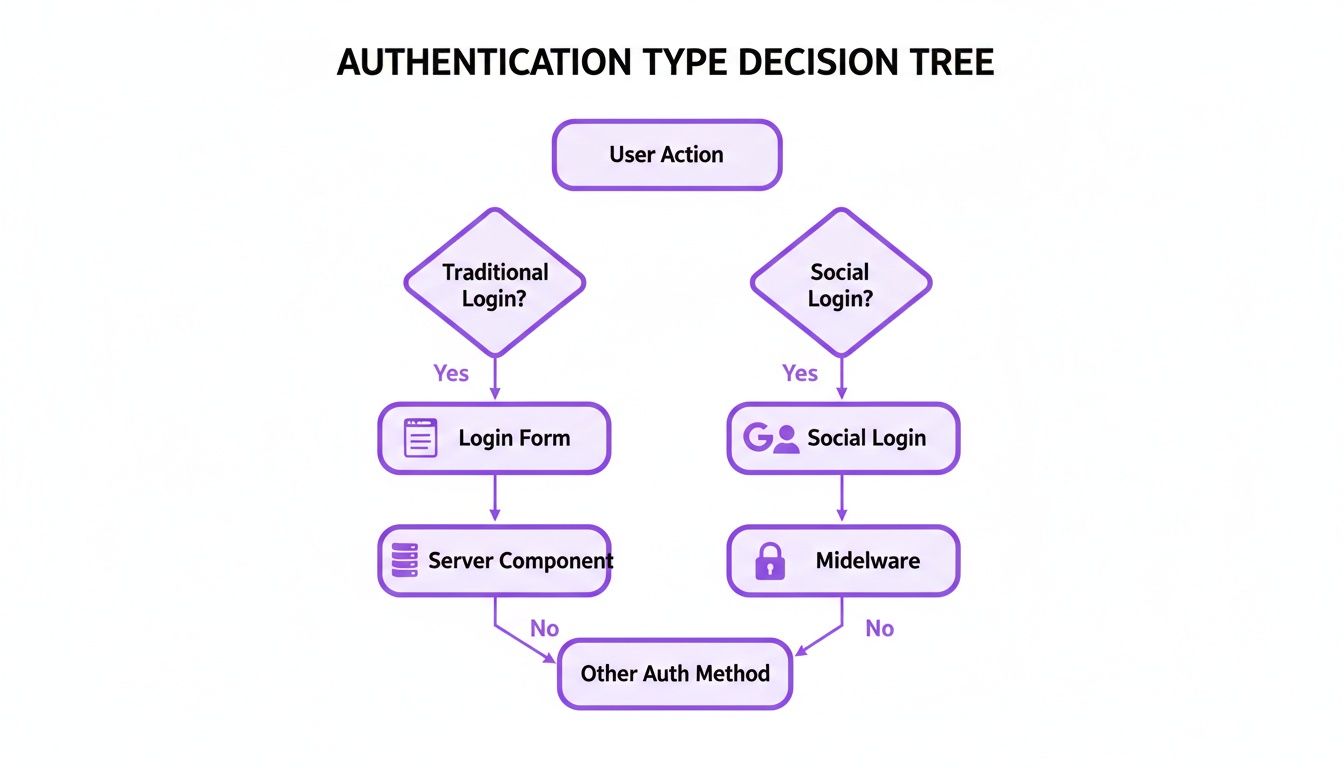 A flowchart illustrating an authentication type decision tree for user login methods.