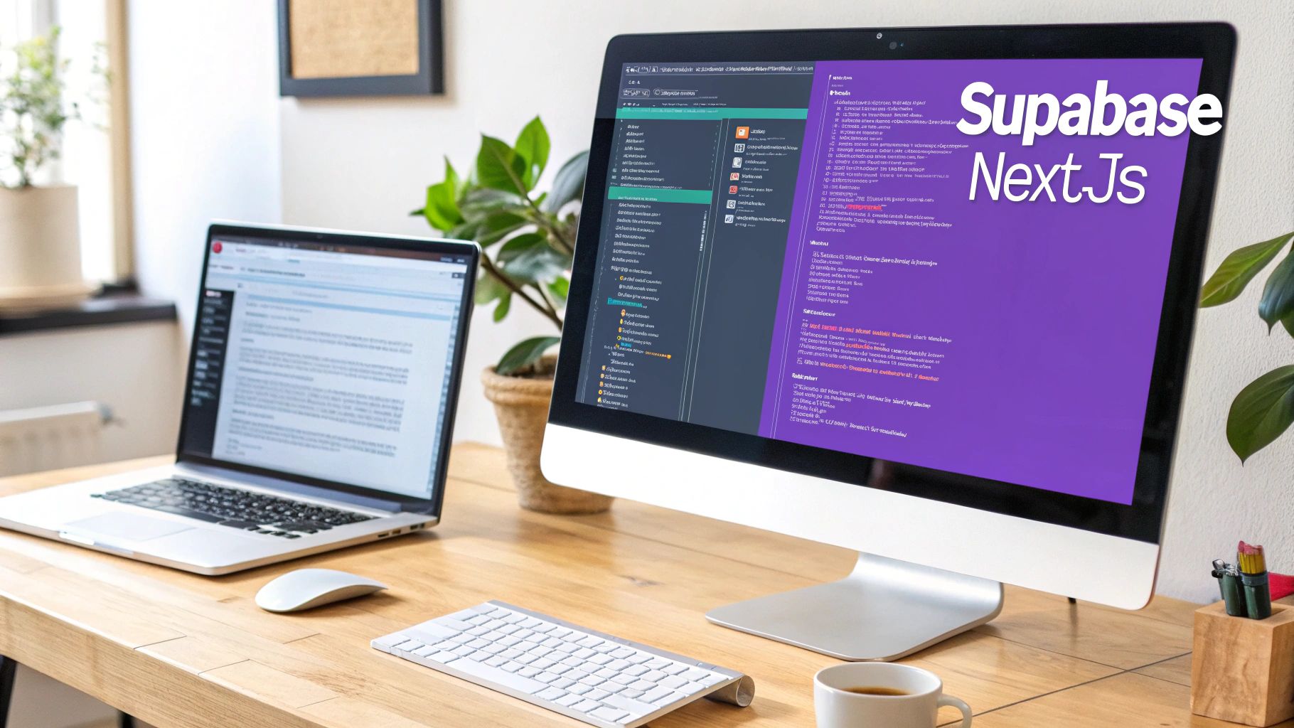A modern desk setup with a monitor displaying 'Supabase Next.Js' and an open laptop.