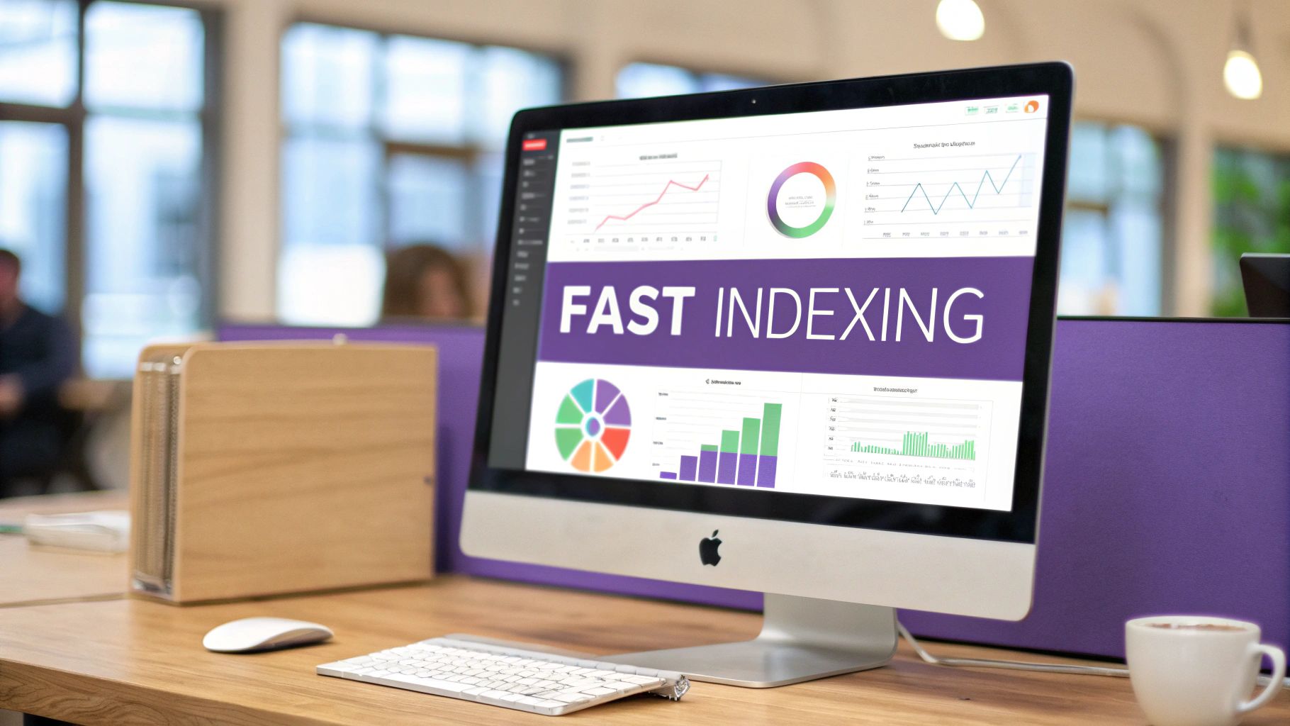 A modern iMac displays a 'FAST INDEXING' data dashboard on a clean office workstation with keyboard and mouse.