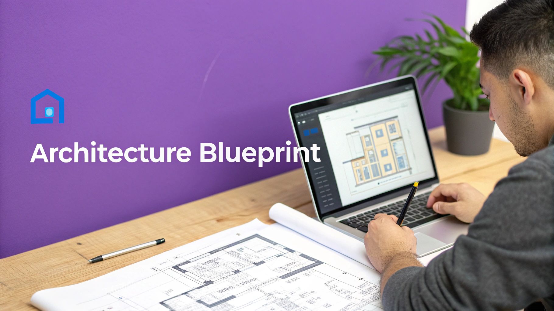 A person using a laptop and examining architectural blueprints, with a 'Architecture Blueprint' title.