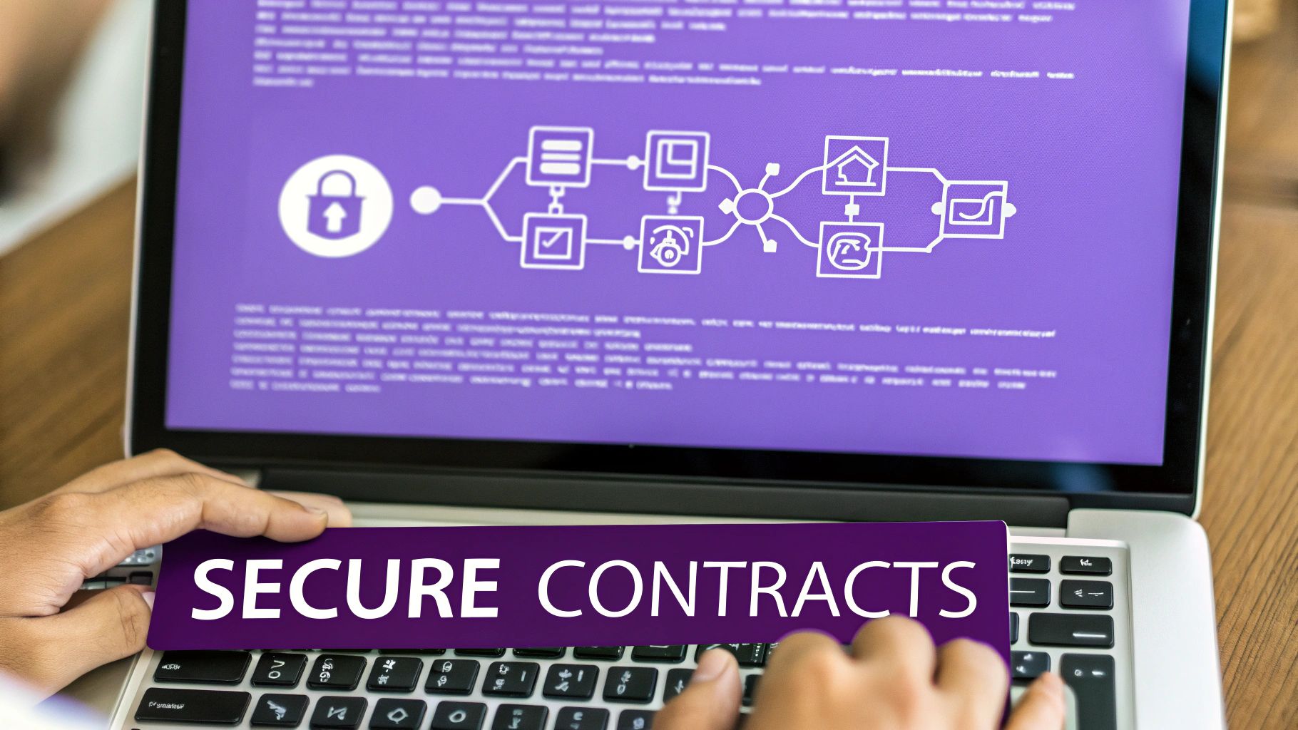 Hands typing on a laptop screen displaying a secure digital contracts flowchart and 'SECURE CONTRACTS' text.