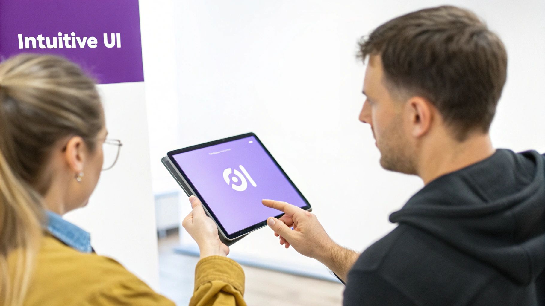 Man and woman collaborate on a tablet with a user-friendly interface, 'Intuitive UI' text visible.