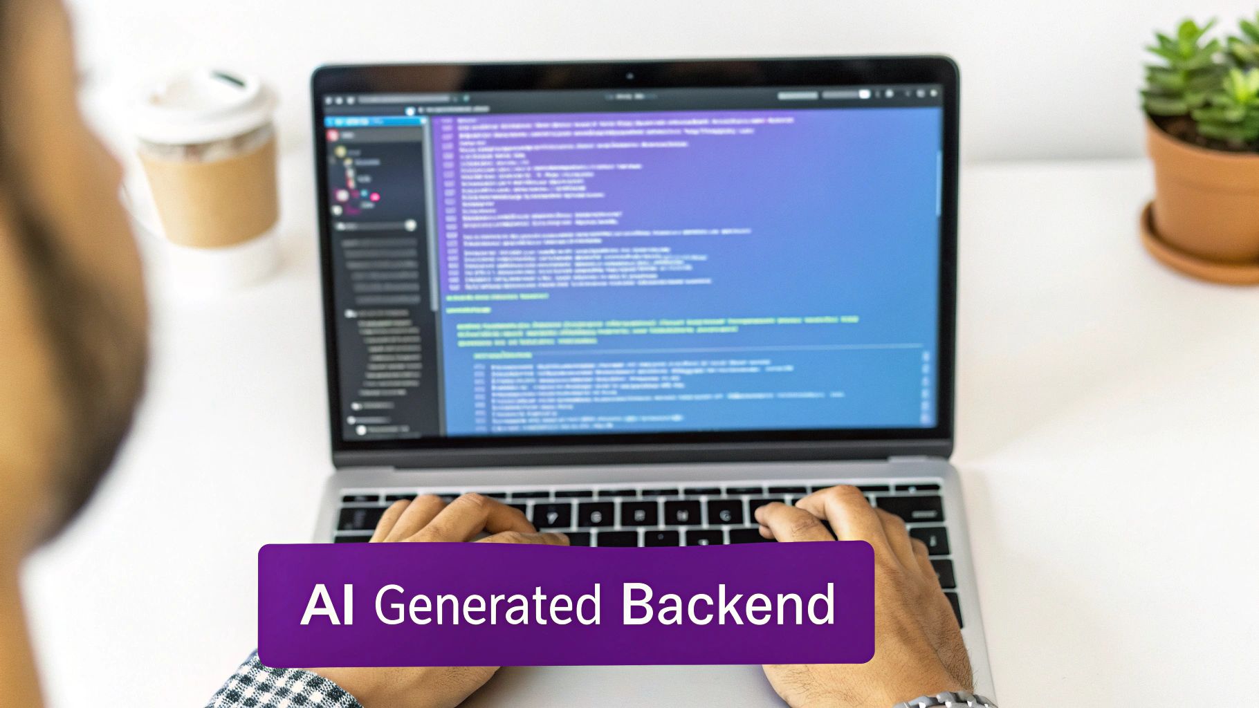 A person's hands typing on a laptop, displaying code related to an AI-generated backend.
