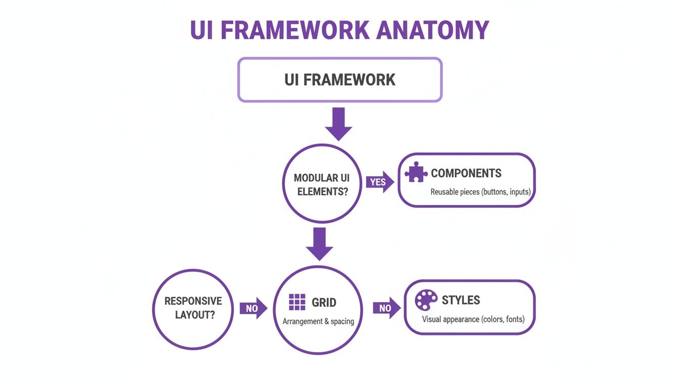Flowchart illustrating the anatomy of a UI framework, detailing modular elements, components, grid, and styles.