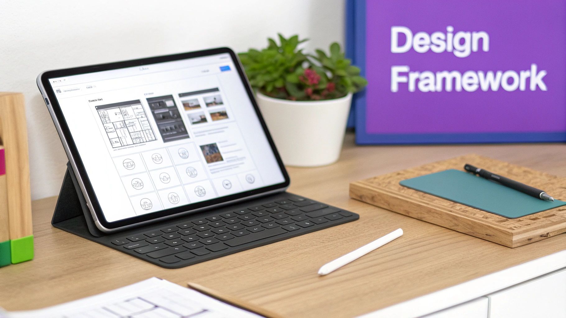 A modern workspace with an iPad displaying a design application, Apple Pencil, and "Design Framework" sign.