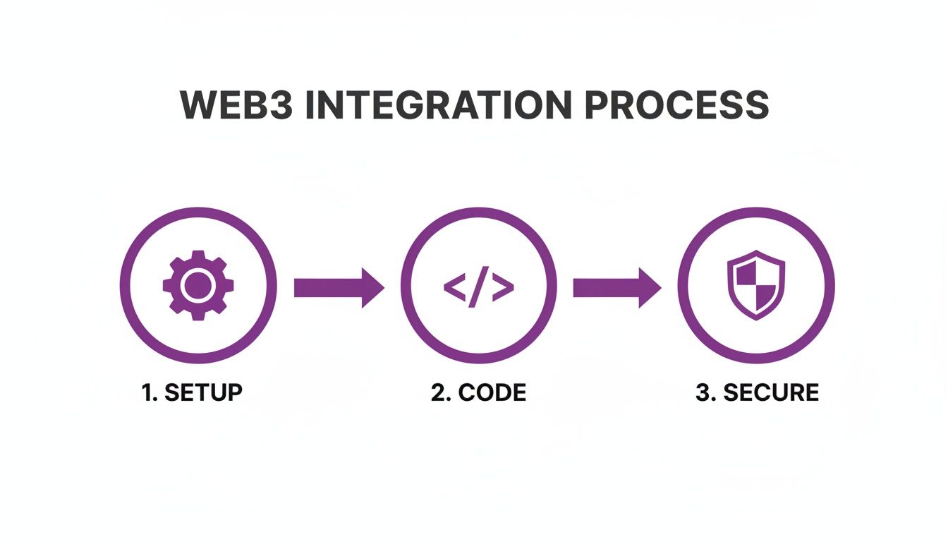 A diagram illustrating the Web3 integration process with three steps: Setup, Code, and Secure.
