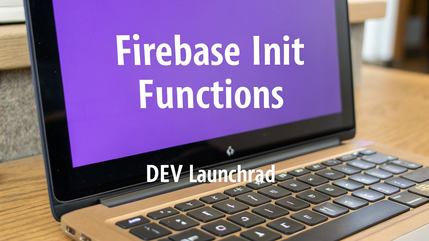 A laptop displaying a purple screen with white text 'Firebase Init Functions' and 'DEV Launchrad'.