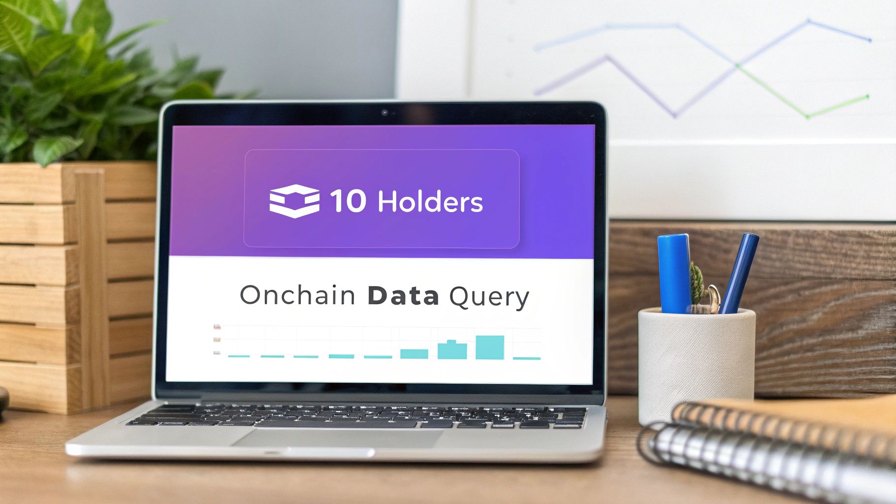 A laptop on a wooden desk displays '10 Holders Onchain Data Query' and a bar chart, with office supplies.