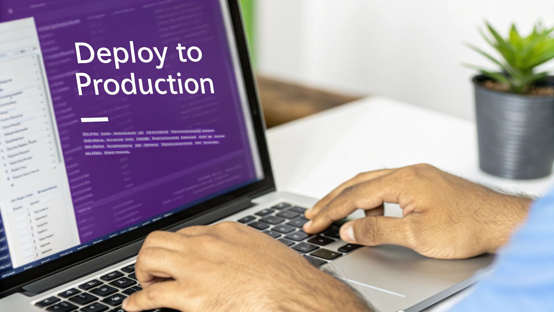 A person's hands typing on a laptop screen displaying 'Deploy to Production', signifying a software release.