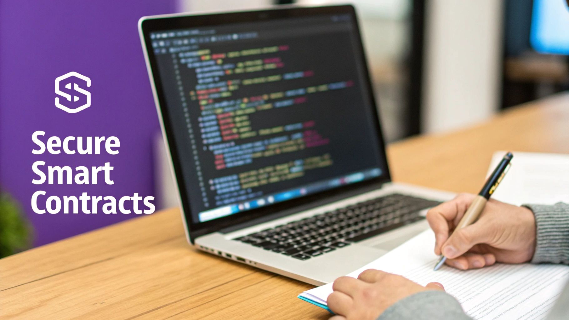 Person writing notes while a laptop displays code for secure smart contracts.