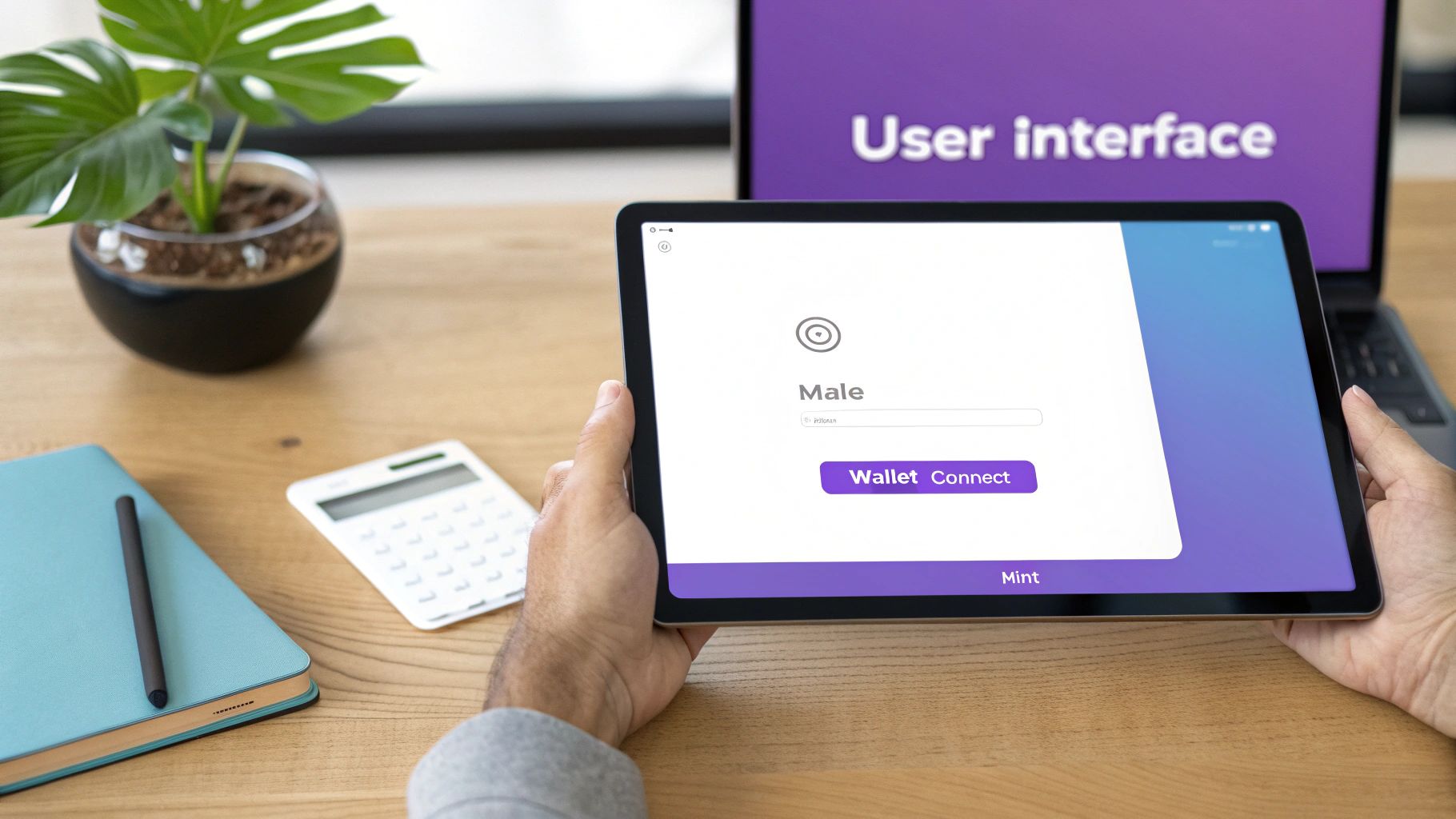 A person holds a tablet displaying a "Wallet Connect" app, with a laptop showing "User interface" in the background.