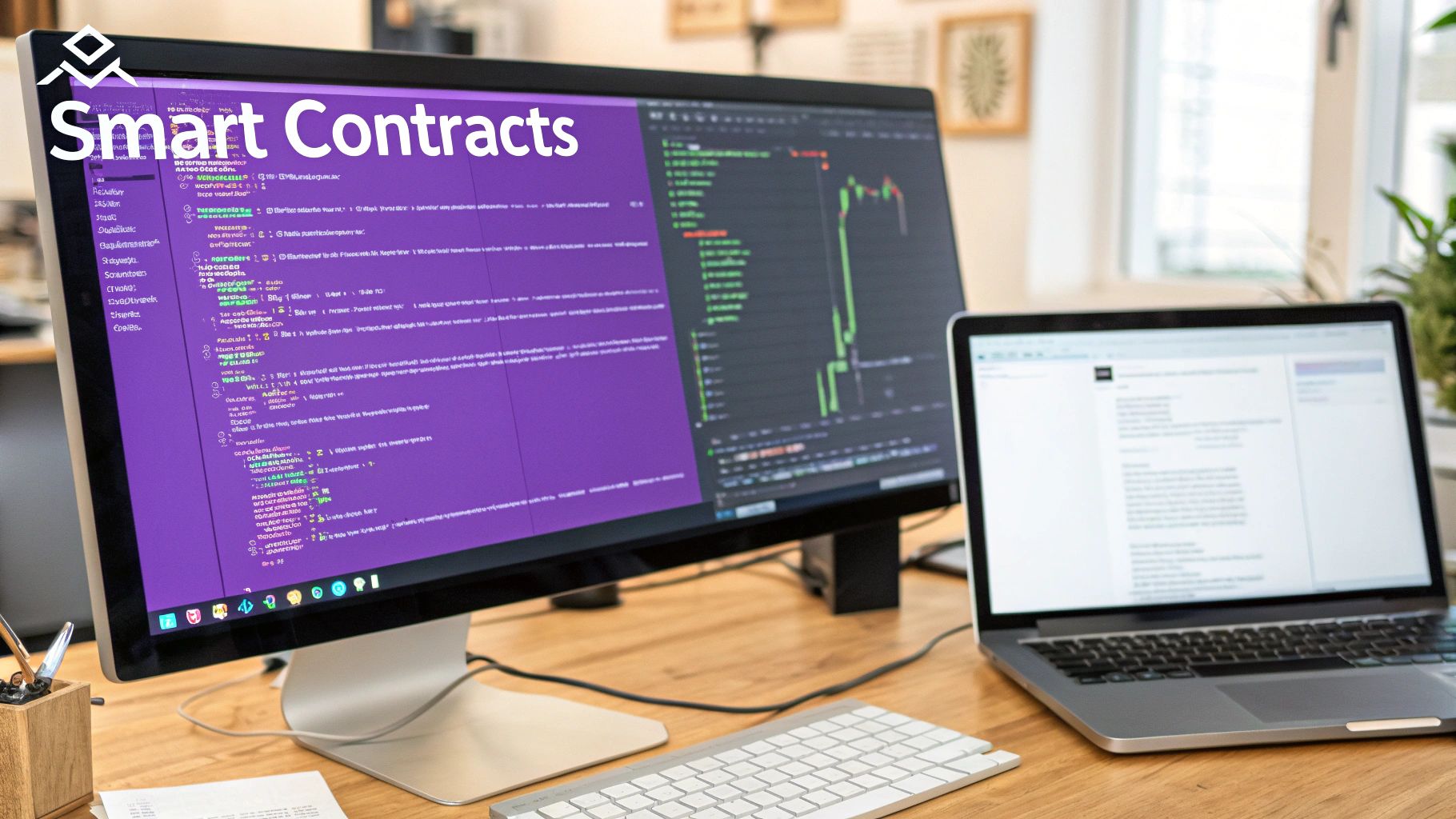 A desk setup featuring a monitor with 'Smart Contracts' code and a crypto chart, next to a laptop.