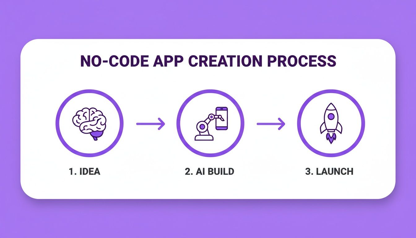 Infographic outlining the no-code app creation process: Idea, AI Build, and Launch steps.
