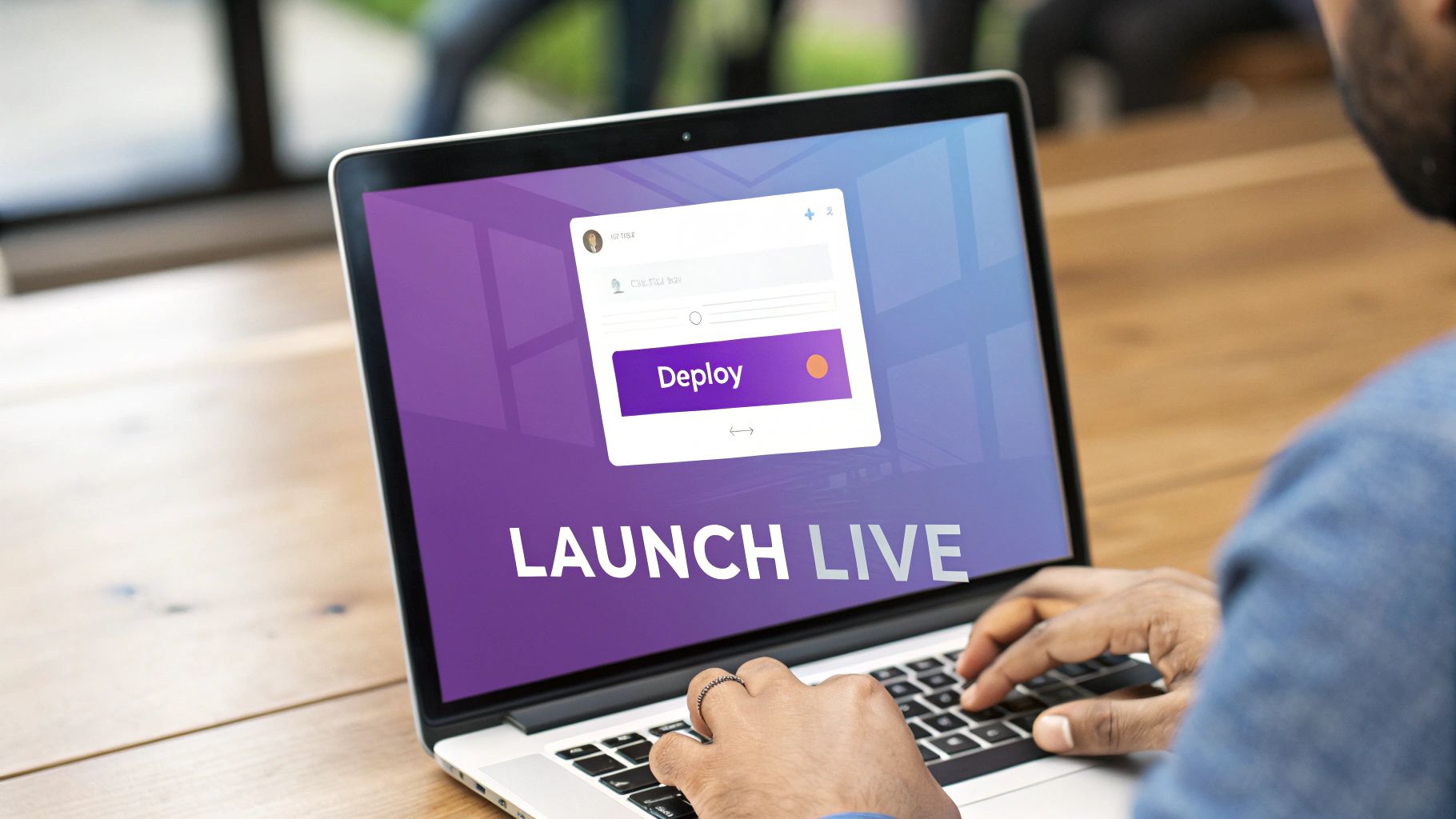 Man deploying an application on a laptop, with 'Launch Live' displayed on the screen.