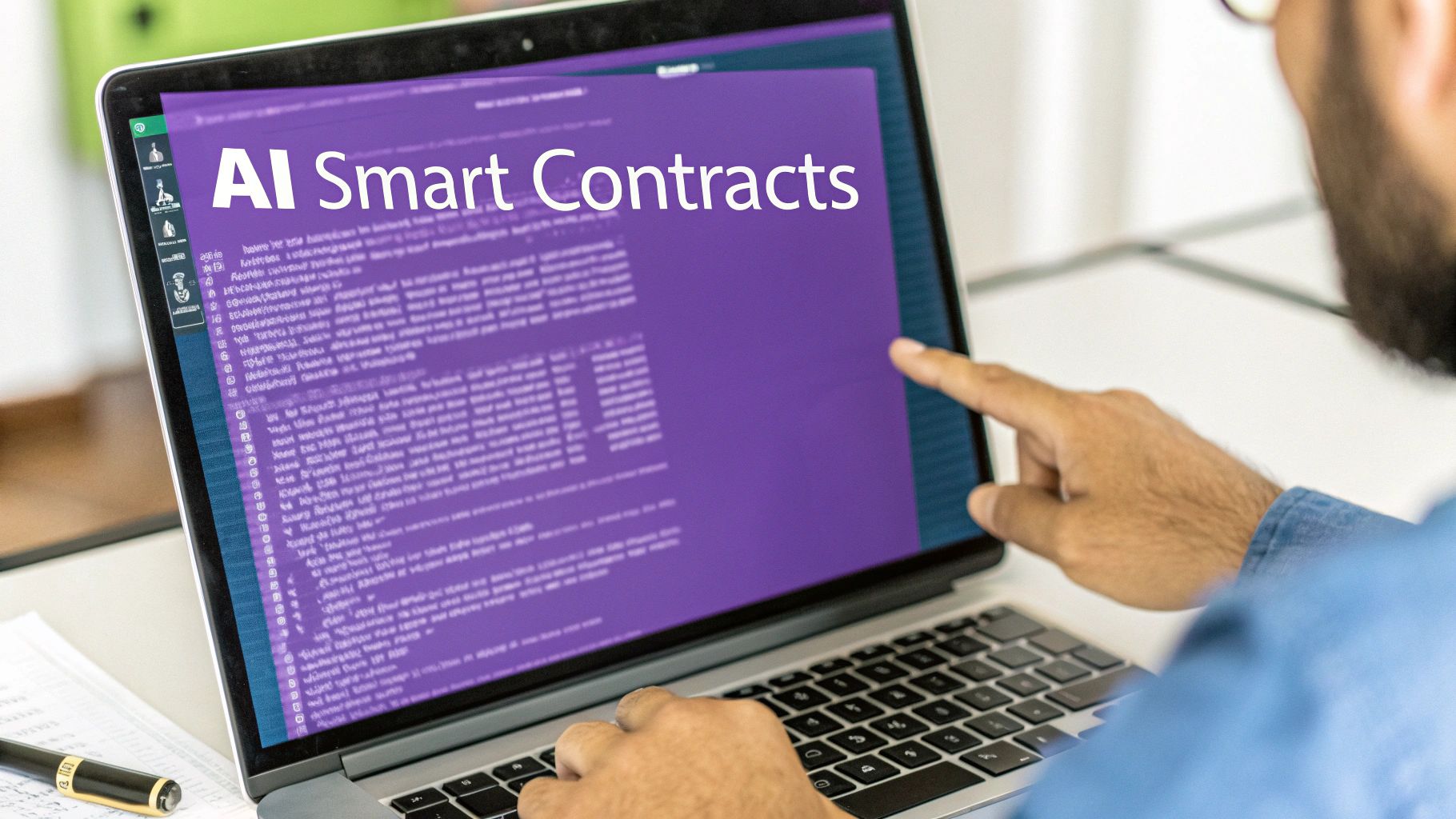A person interacts with a laptop displaying 'AI Smart Contracts' on a purple screen.