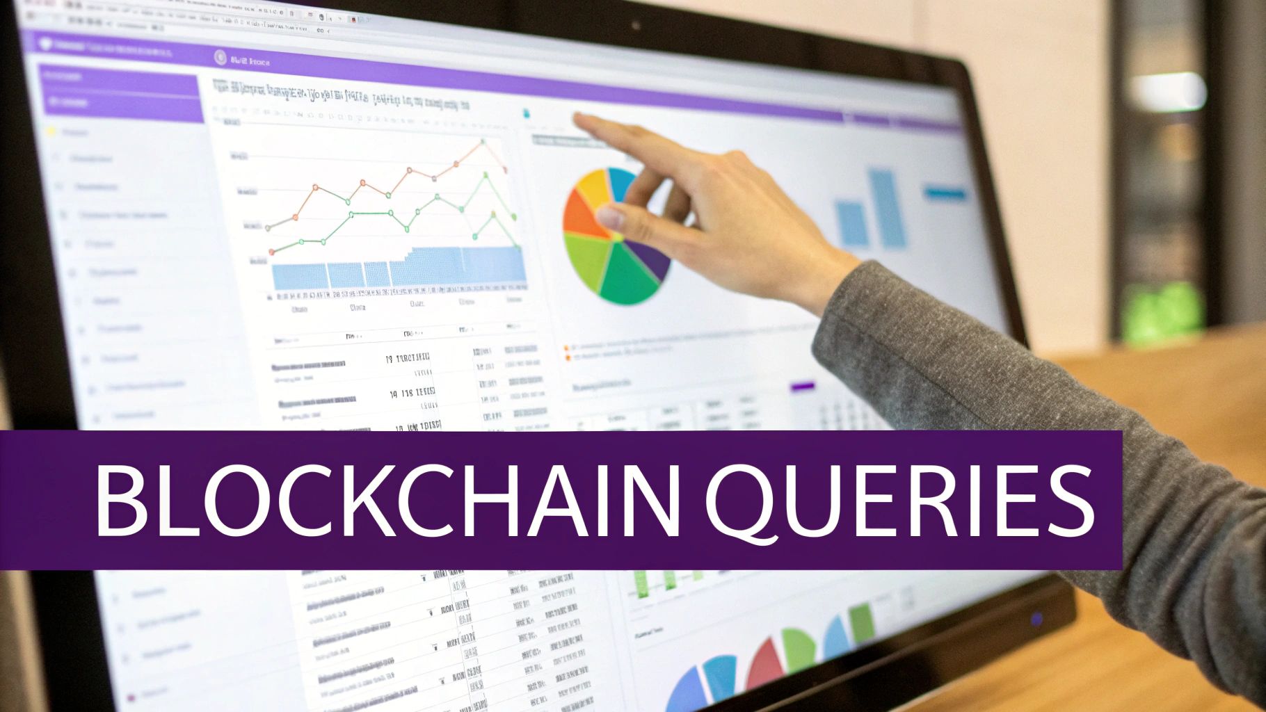 A person's hand points to a computer screen displaying blockchain queries and data visualizations.