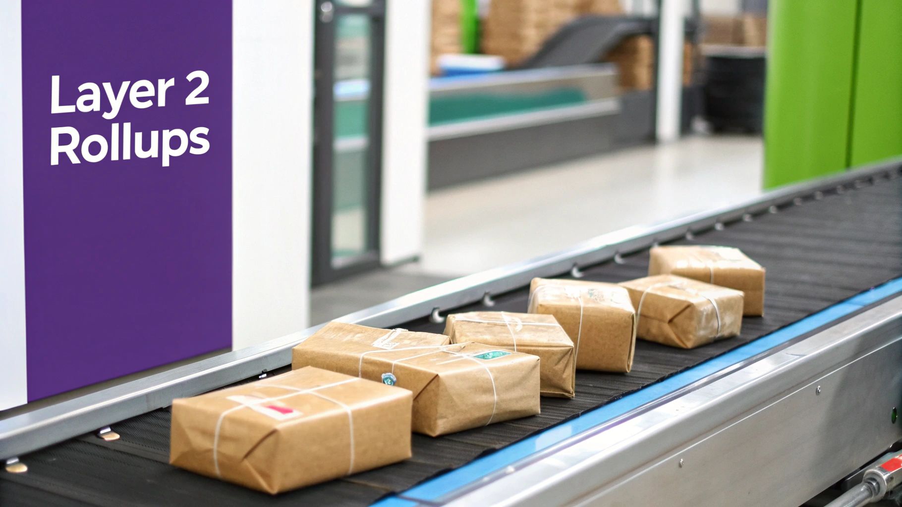 Brown paper packages moving on a conveyor belt, with a sign reading 'Layer 2 Rollups' nearby.