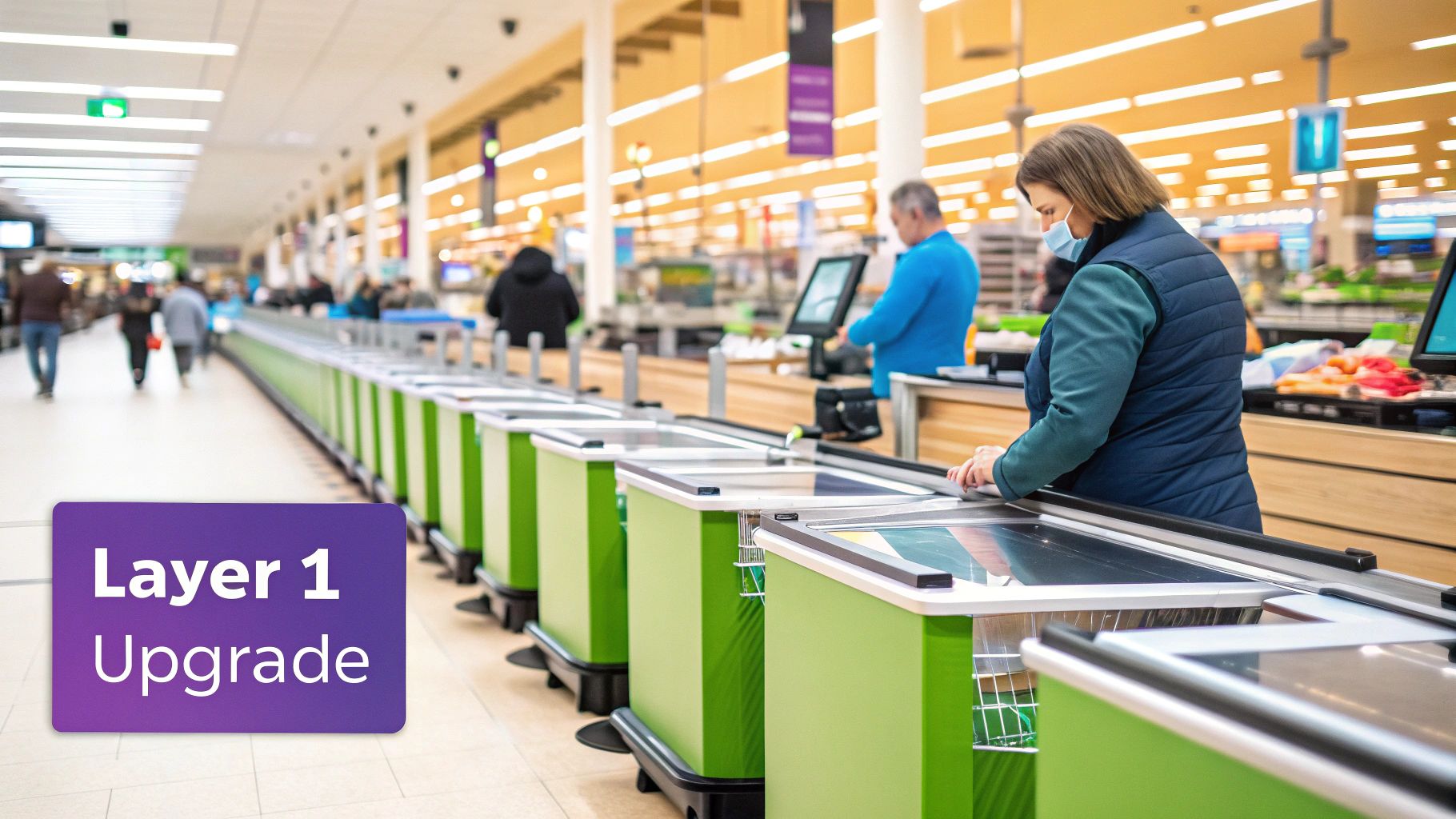 A woman in a face mask uses a self-checkout kiosk in a modern supermarket, with a 'Layer 1 Upgrade' overlay.