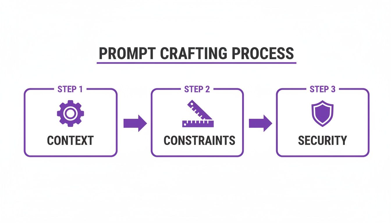 Diagram illustrating the prompt crafting process with three steps: Context, Constraints, and Security.