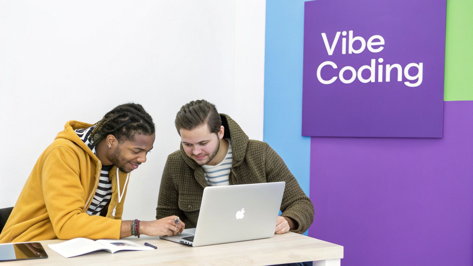 Two young men smiling while collaborating on a laptop at a Vibe Coding school.
