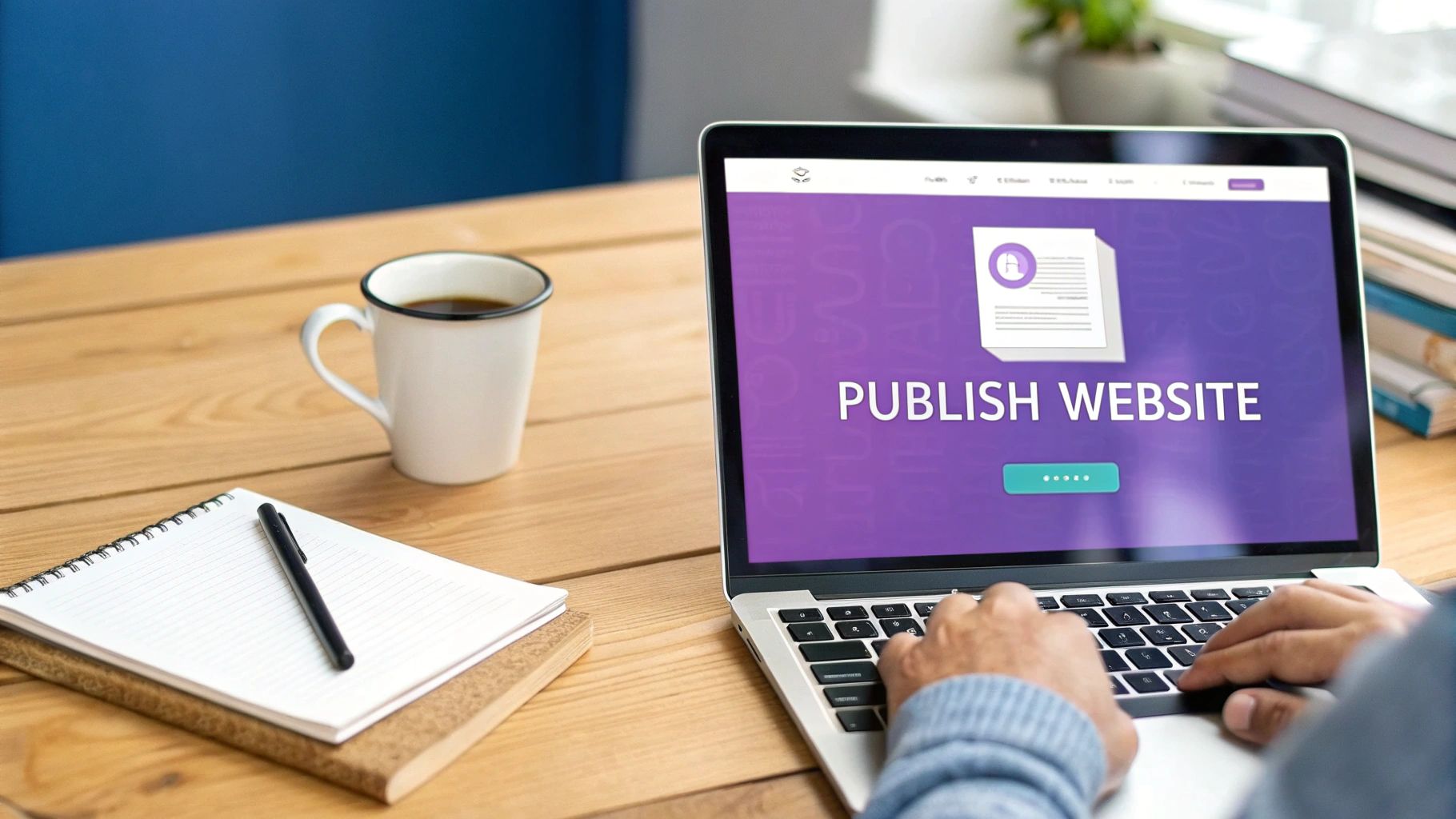 A person types on a laptop displaying 'PUBLISH WEBSITE', with a coffee cup and notebook on a wooden desk.