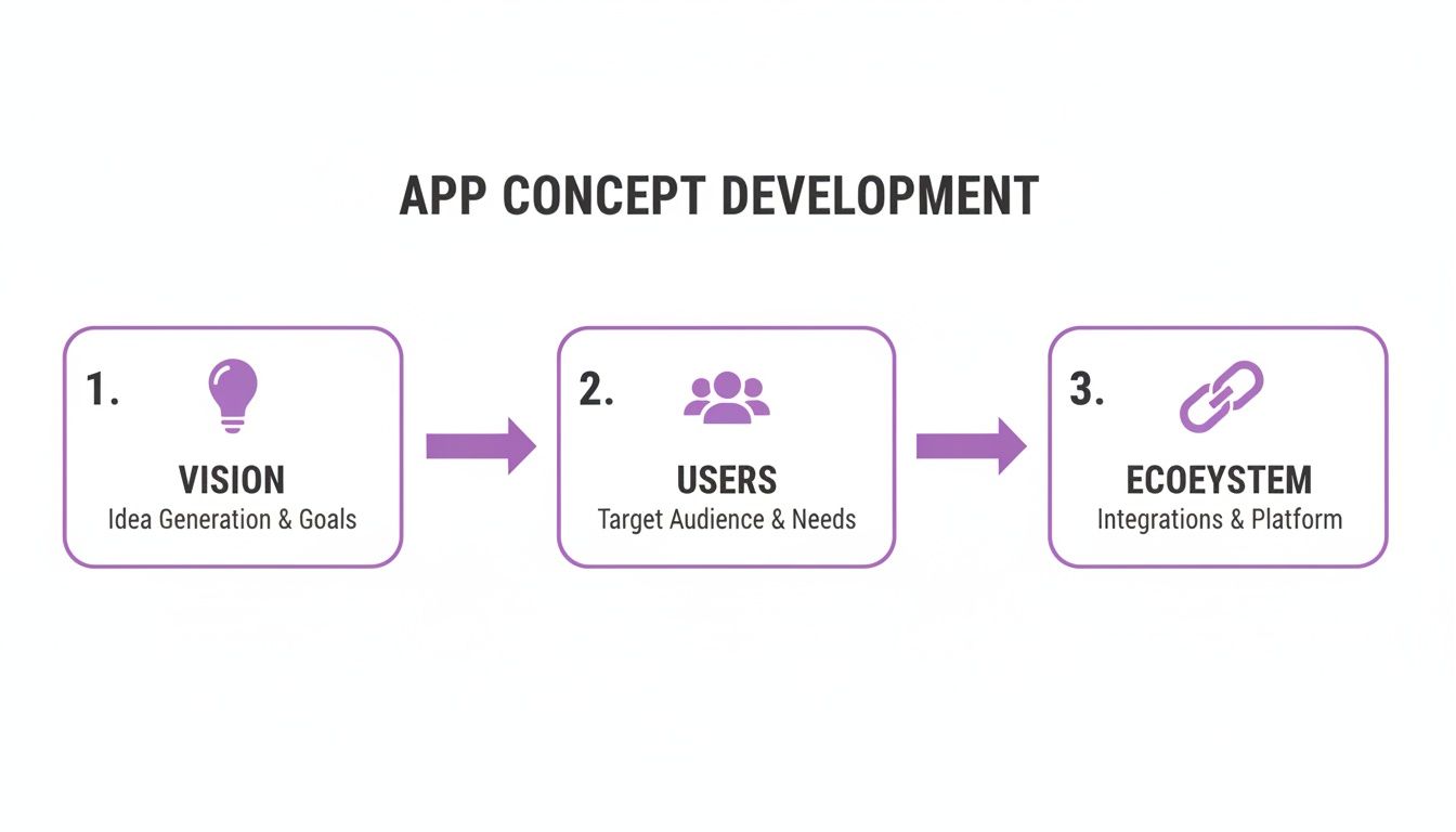 A three-step diagram illustrating app concept development: Vision, Users, and Ecosystem, with descriptions.