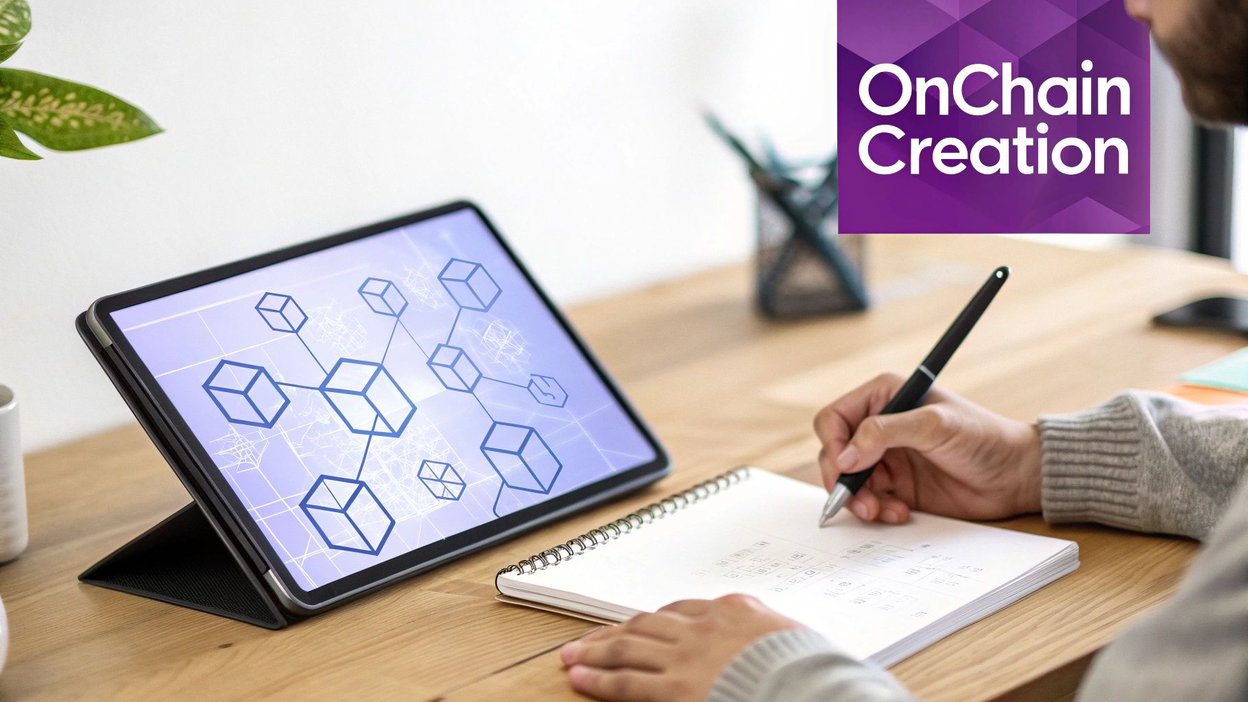 A person works on blockchain app development, writing notes next to a tablet displaying a blockchain network.