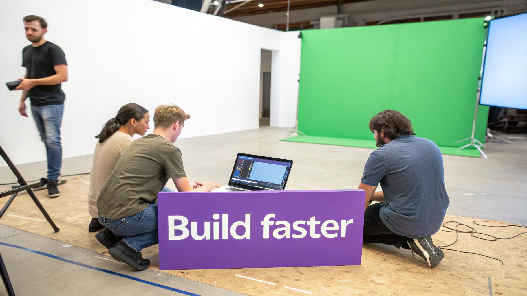 Four people collaborate in a studio, three on a laptop with a 'Build faster' sign, near a green screen.