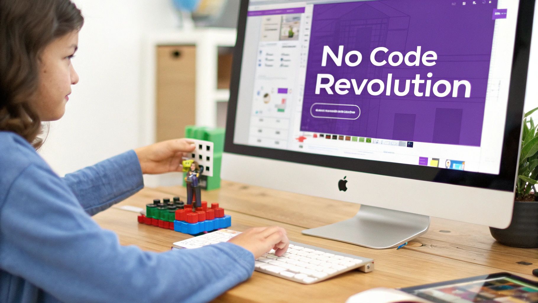 A young person uses an iMac for no-code development, interacting with physical blocks and figures.