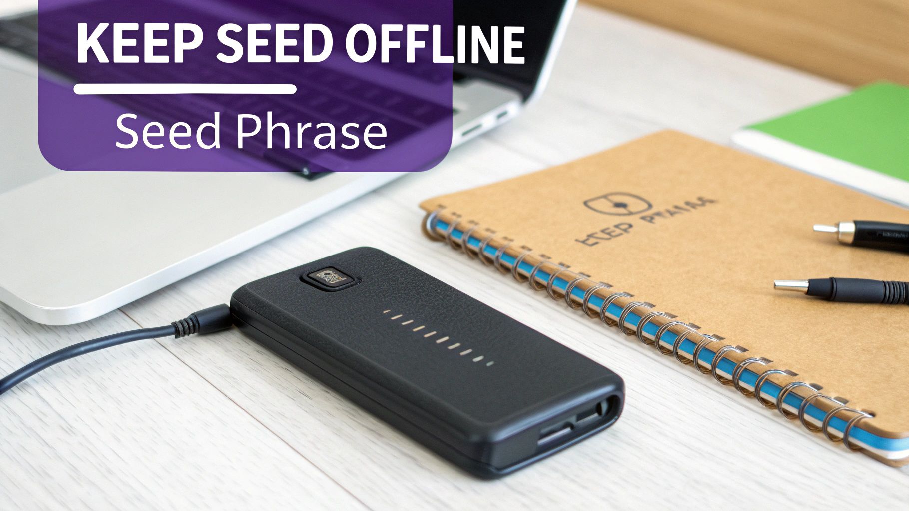A banner with 'KEEP SEED OFFLINE Seed Phrase' over a laptop, hardware wallet, and notebook.