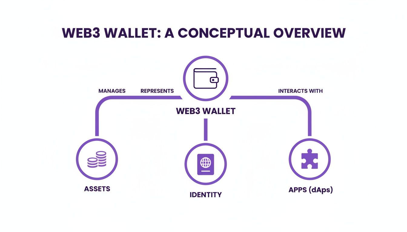 Conceptual overview of a Web3 wallet, illustrating its role in managing assets, representing identity, and interacting with dApps.
