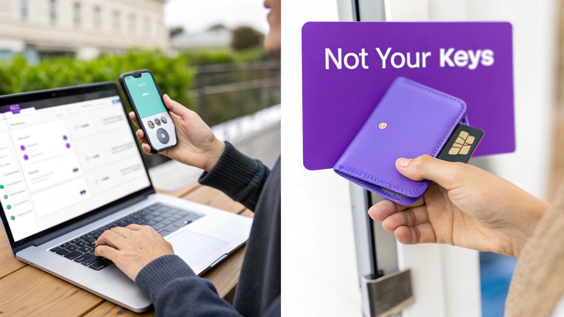 A person manages digital assets on a laptop and smartphone, and uses a hardware wallet with a 'Not Your Keys' sign.