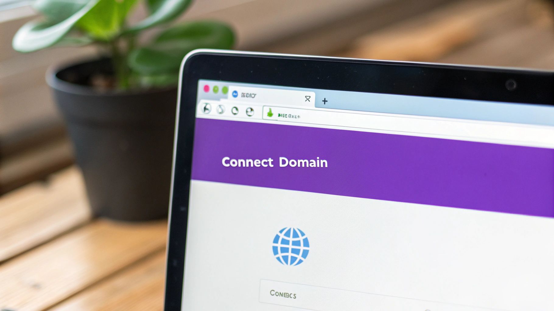 Laptop screen displaying a web browser with 'Connect Domain' page and a blue globe icon.