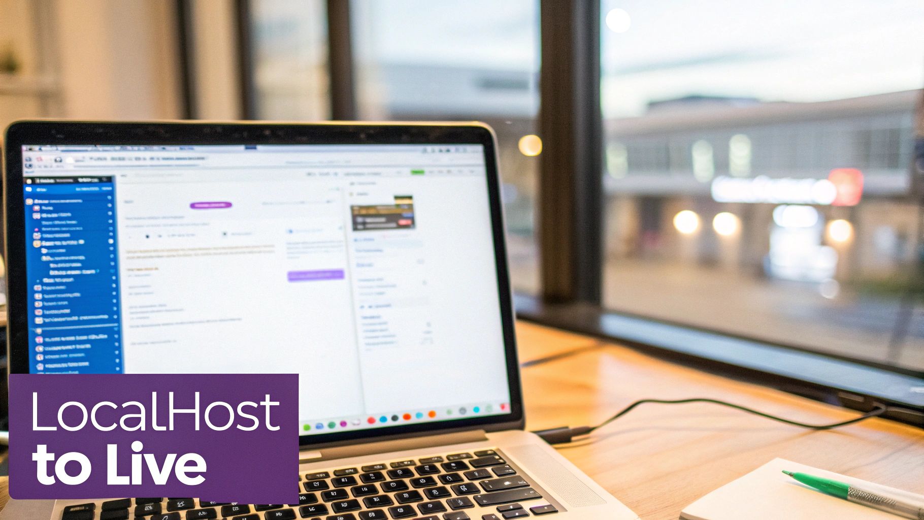 A laptop on a wooden desk displays a website, with 'LocalHost to Live' text overlay.