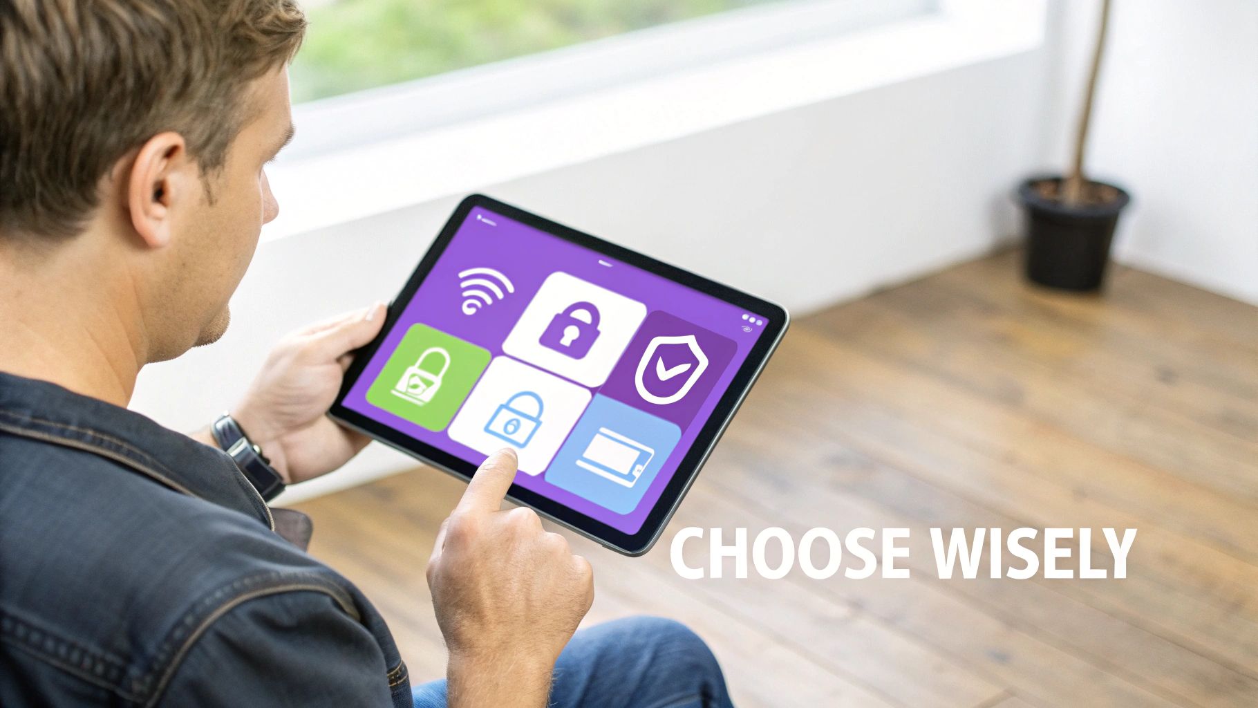 A man taps a lock icon on a tablet displaying various digital security features.