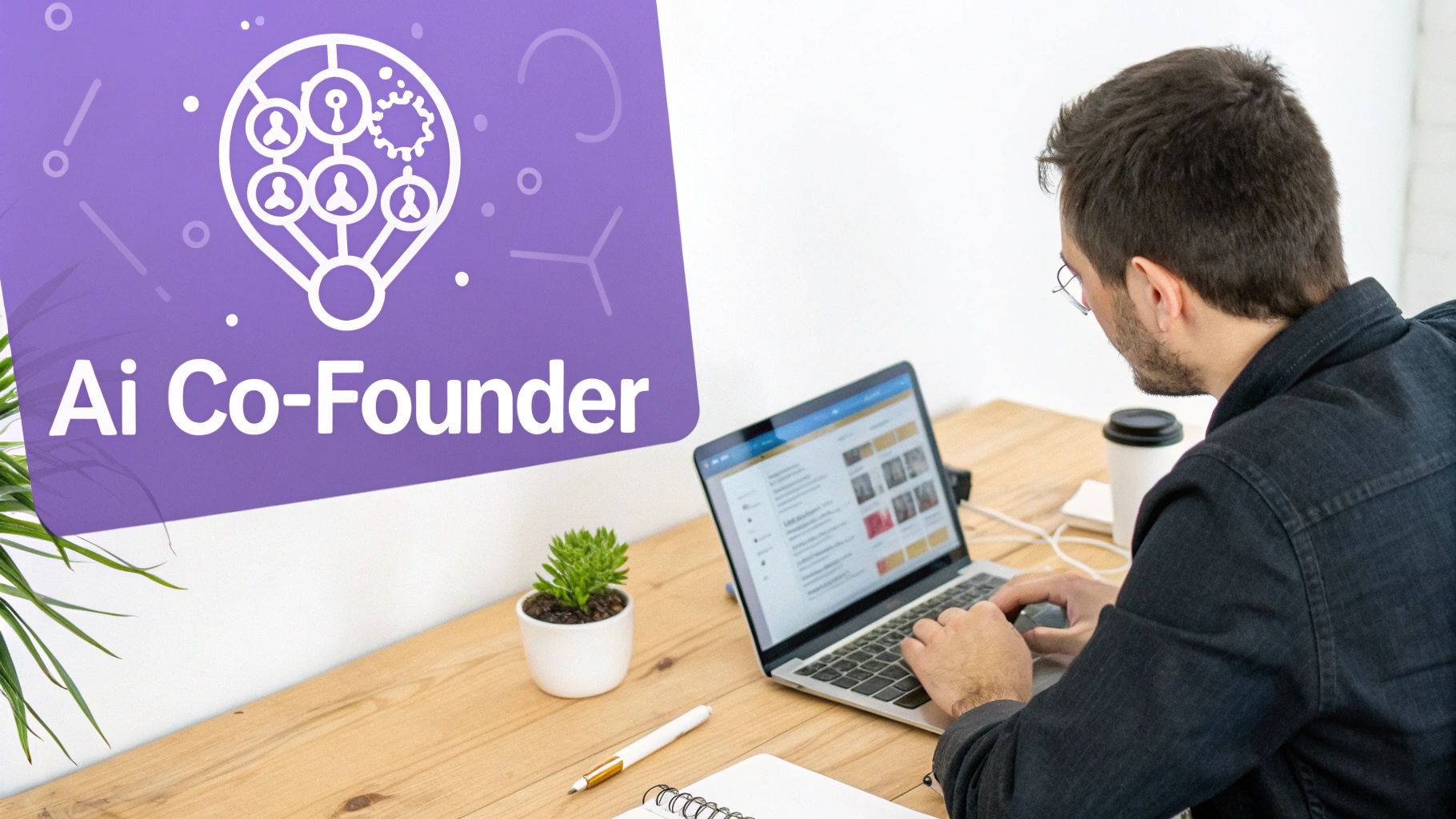 Man typing on a laptop at a desk, with an 'Ai Co-Founder' banner and logo.