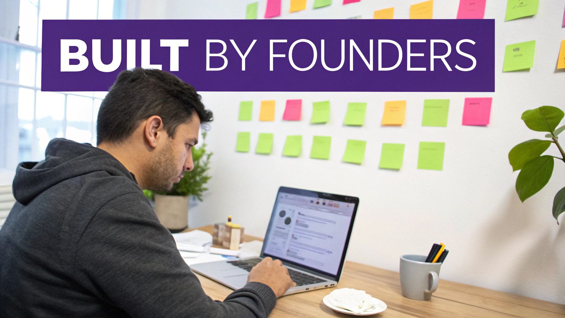 A man in a grey hoodie focuses on his laptop at a desk with 'Built By Founders' banner.