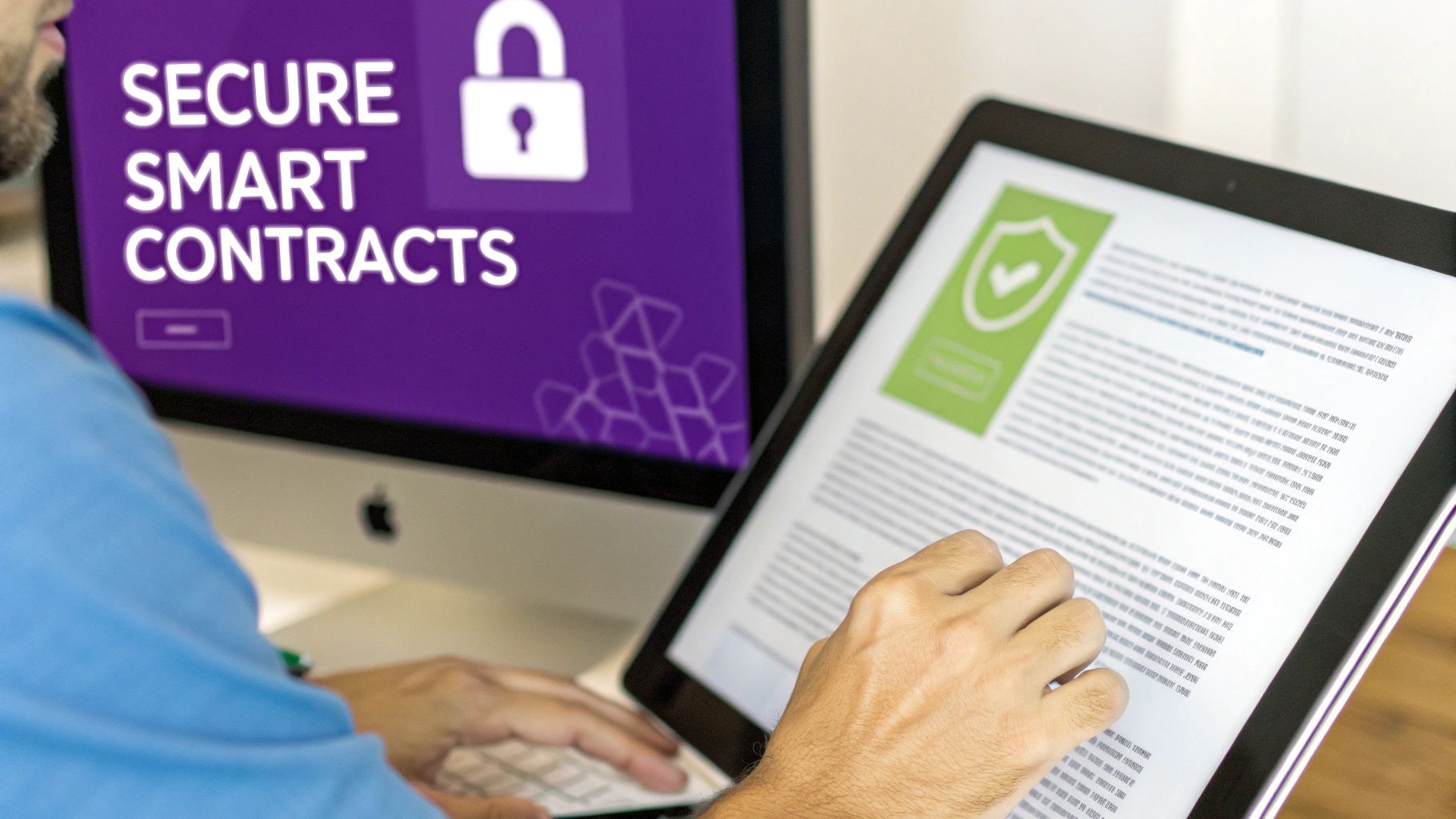 A person reviews secure smart contracts displayed on a computer screen and a tablet.