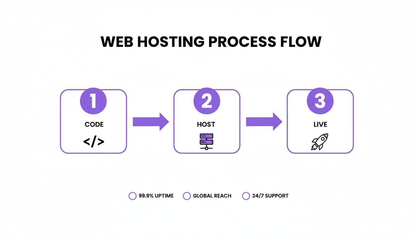 A web hosting process flow diagram with steps: code, host, and live, highlighting key features.