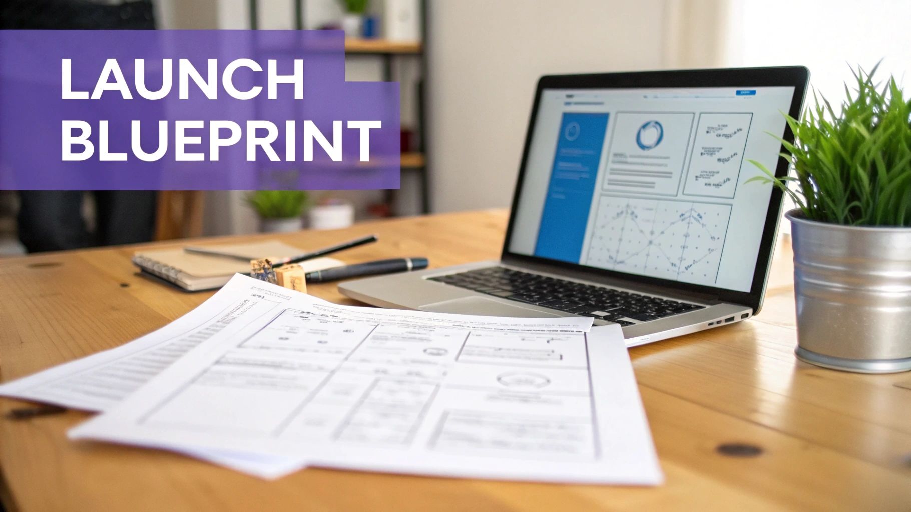 A wooden desk with a laptop showing a blueprint, papers, a plant, and 'LAUNCH BLUEPRINT' text.