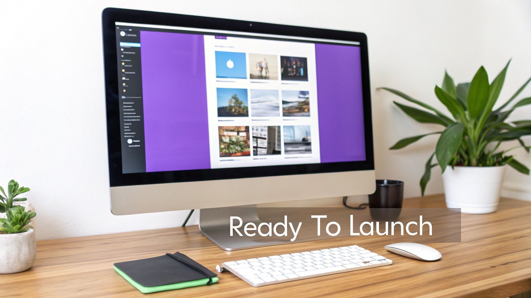 A modern desktop computer with a purple screen displaying images, keyboard, and mouse on a wooden desk, ready to launch.