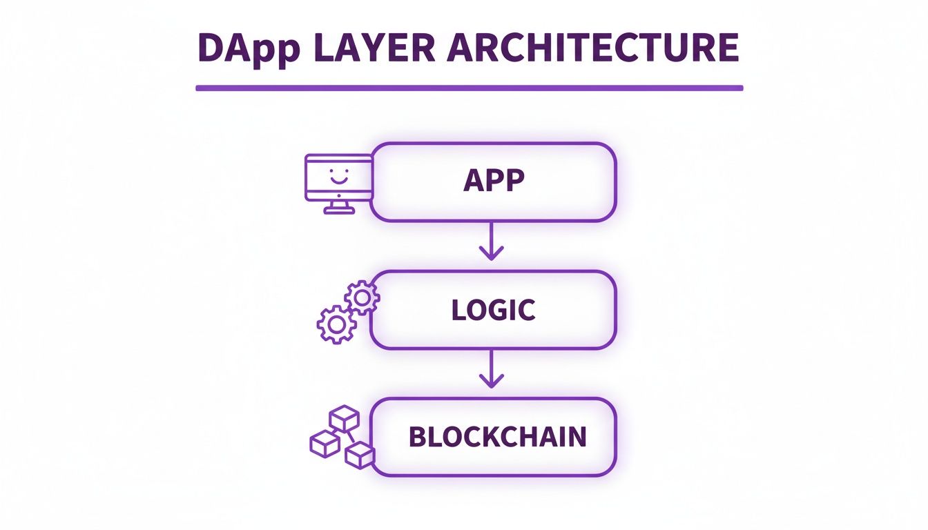 A diagram titled 'DApp LAYER ARCHITECTURE' showing App, Logic, and Blockchain layers connected by arrows.