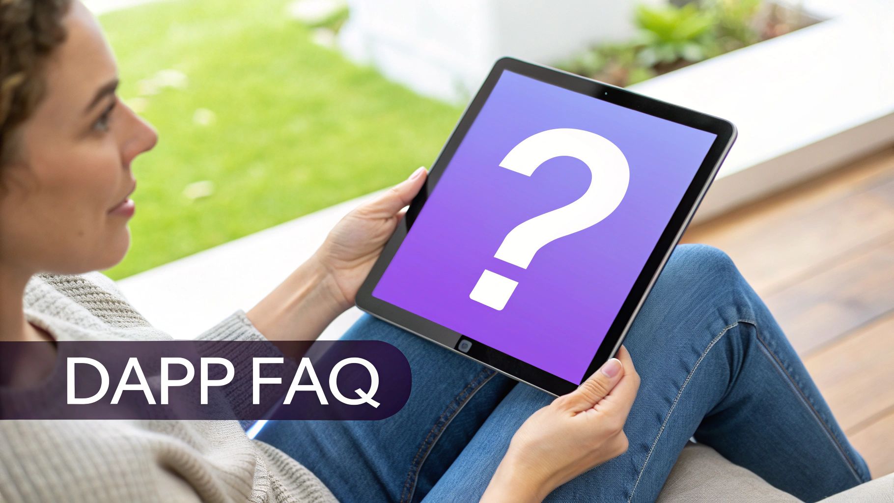 A woman holds a tablet displaying a large question mark, with a 'DAPP FAQ' text overlay.