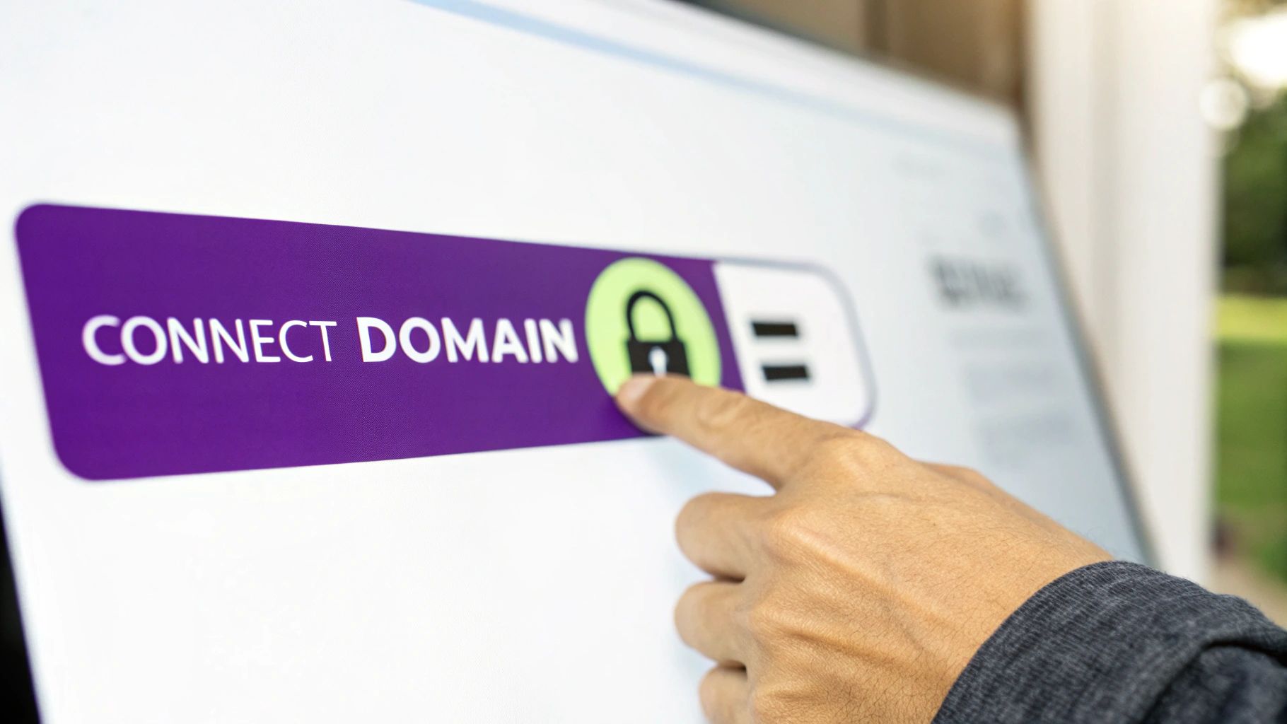 A person's finger touches a purple 'CONNECT DOMAIN' button with a padlock icon on a screen.