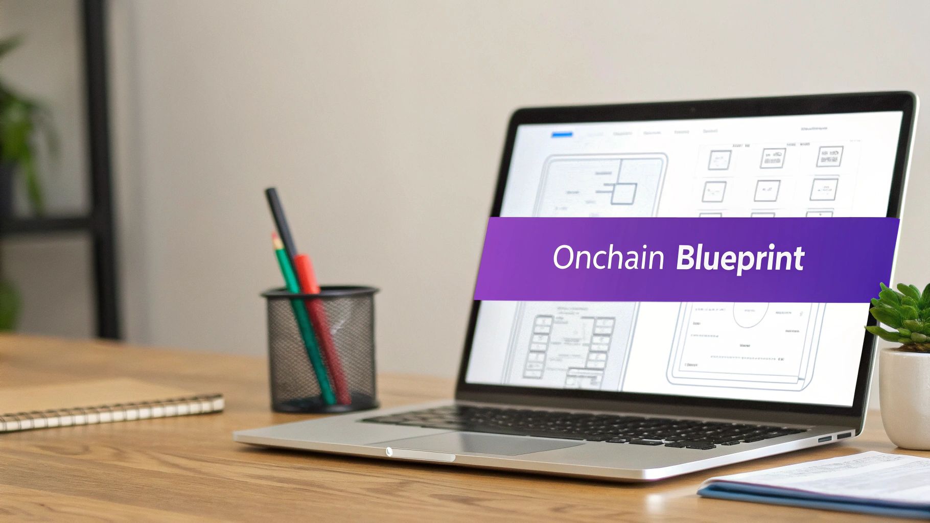 A laptop on a wooden desk displaying 'Onchain Blueprint' on its screen, with a pen holder and plant.
