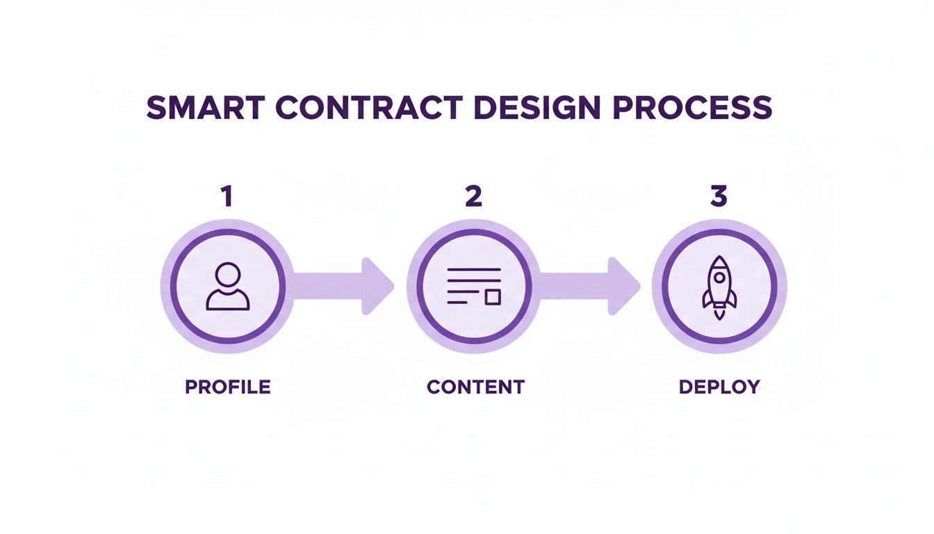 A three-step smart contract design process showing Profile, Content, and Deploy steps.