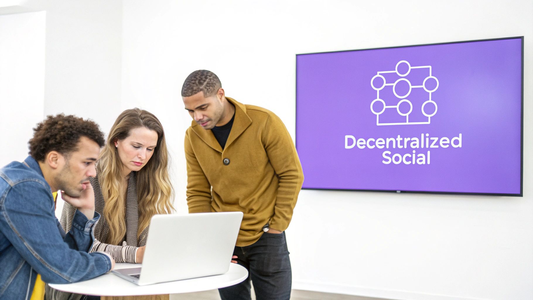Three diverse colleagues discuss a decentralized social media project, looking at a laptop with a relevant screen in the background.