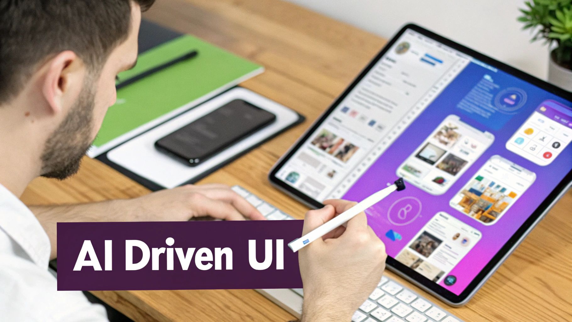 Person designing an AI-driven social media app UI on a tablet with a stylus.