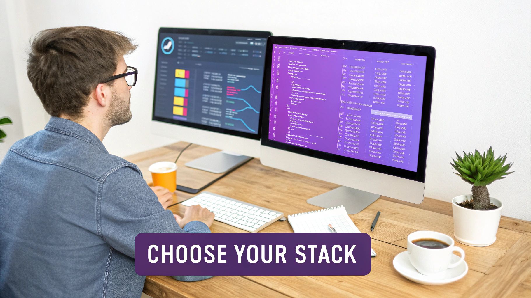 A man in a denim shirt working on two computer monitors, displaying code and data, with coffee on a wooden desk.