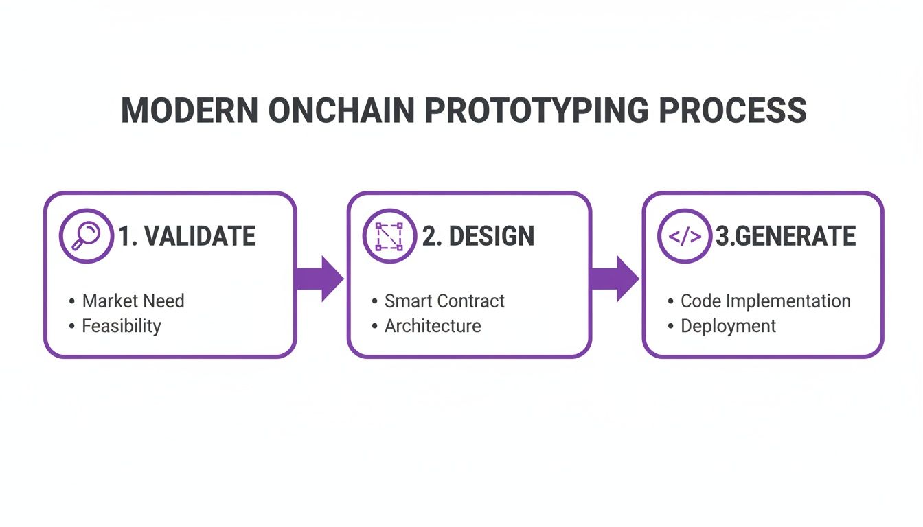 Diagram illustrating the modern on-chain prototyping process with validate, design, and generate steps.